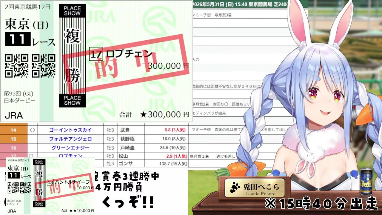 【日本ダービー】5万勝ちしてもマミーに5000円請求する兎田ぺこら